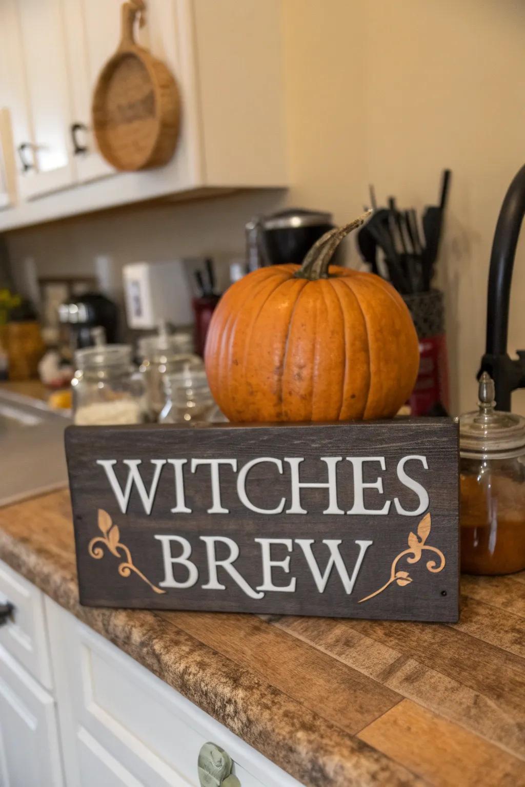 Jack-o'-lantern presented with an enchanting 'Enchantress's Elixir' placard.