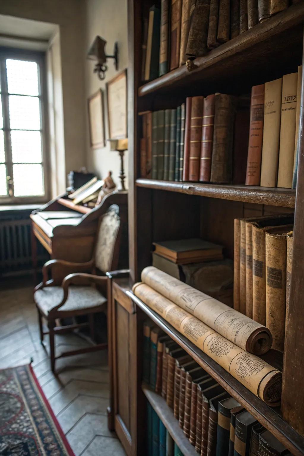 Antiquated tomes and parchments for a scholarly witch vibe.