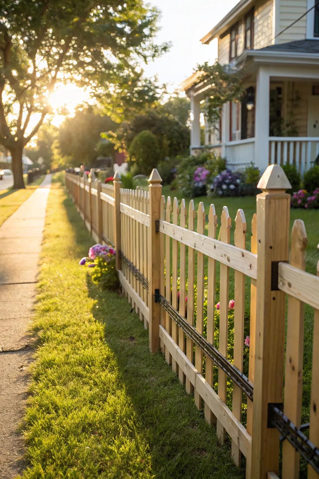 An open picket fence with wood and metal details.
