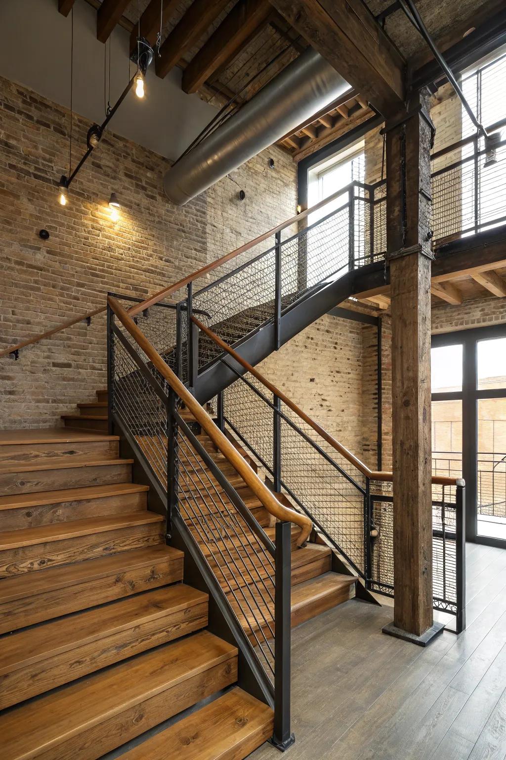 Industrial style: a wood and metal railing combination.