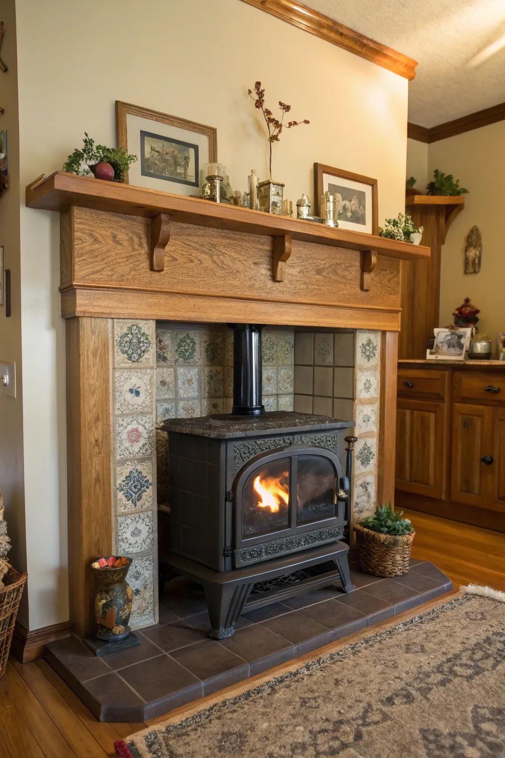 A mantel adds decorative charm to your wood stove's tiled backdrop.