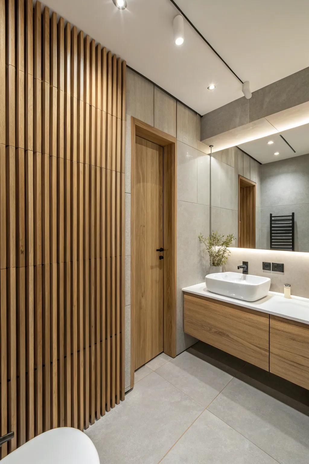 Modern refinement with audible strip wood finish in the bathroom.