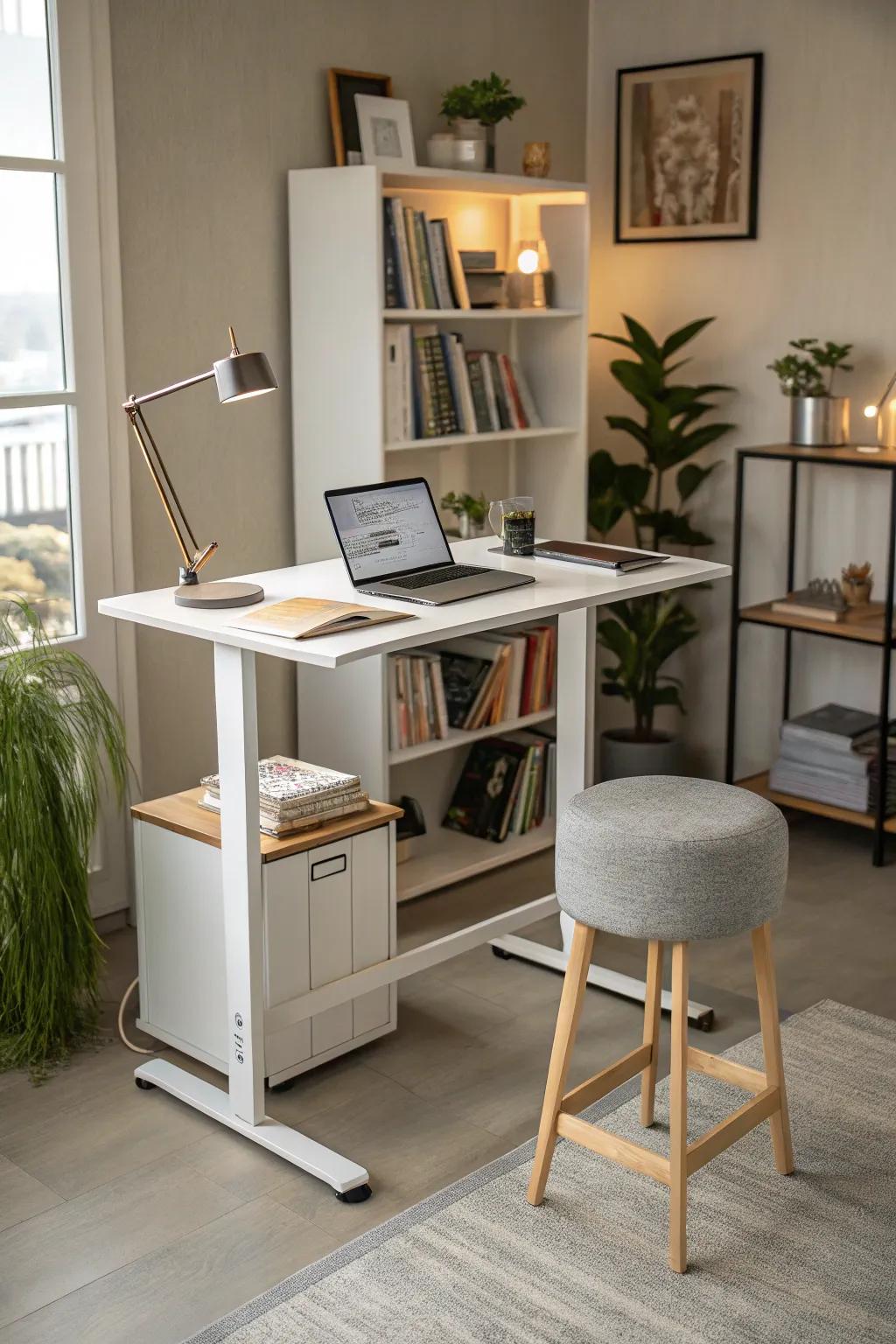 A stand-up desk encourages activity and sustained energy.