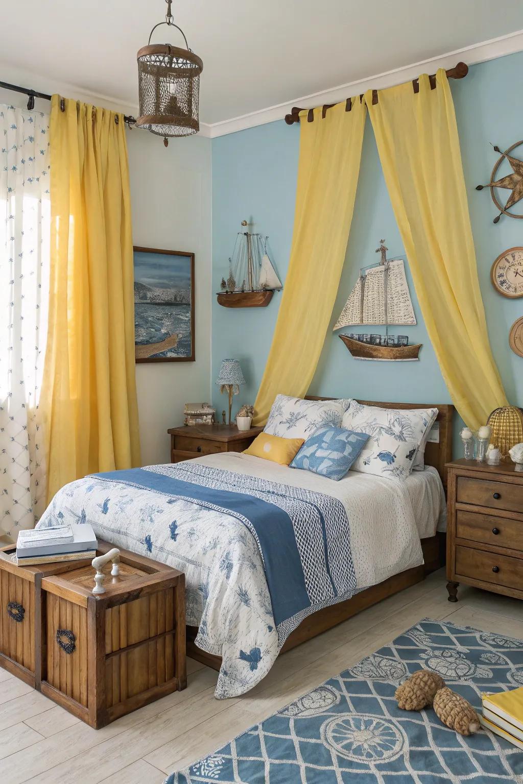Yellow curtains paired with nautical decor create a coastal vibe in the bedroom.