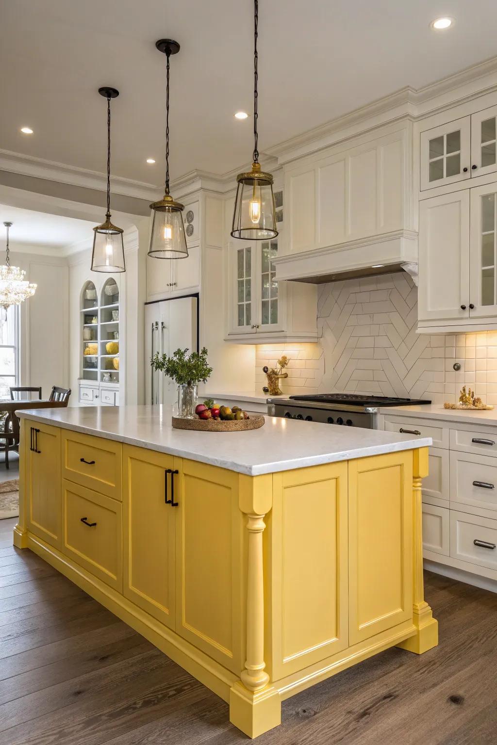A sunny yellow island becomes the focal point of this kitchen.
