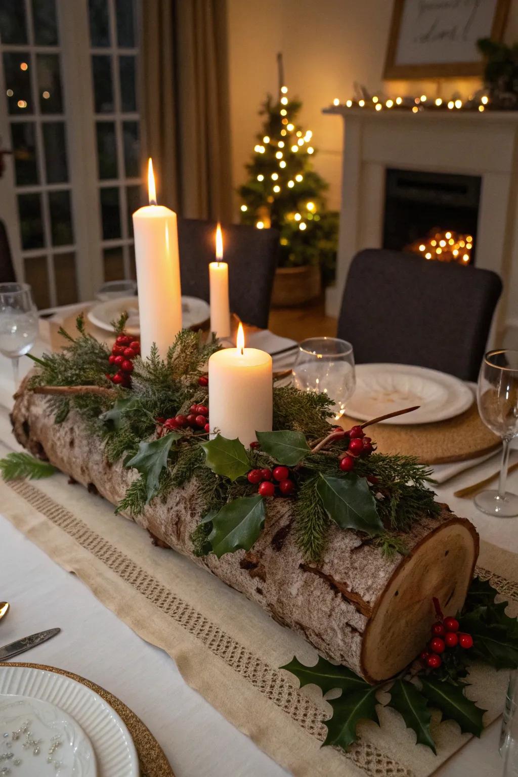 A captivating Yule branch centerpiece for festive celebrations.