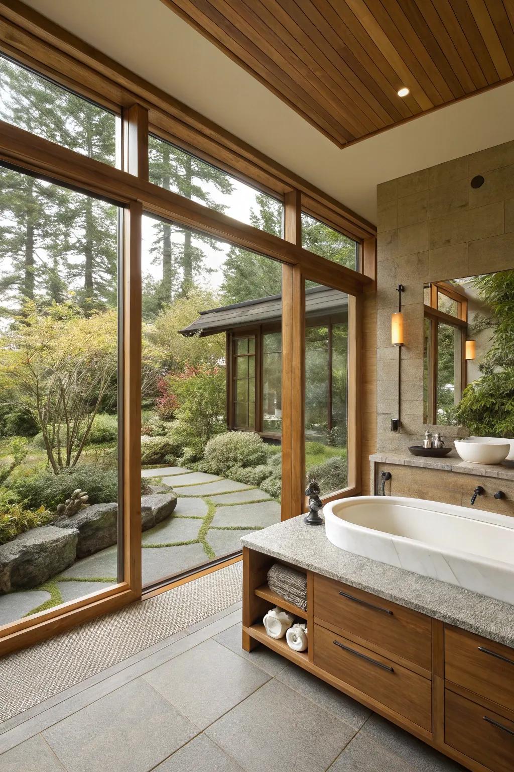 Open spaces and expansive windows provide a sensation of freedom within a zen bathroom.