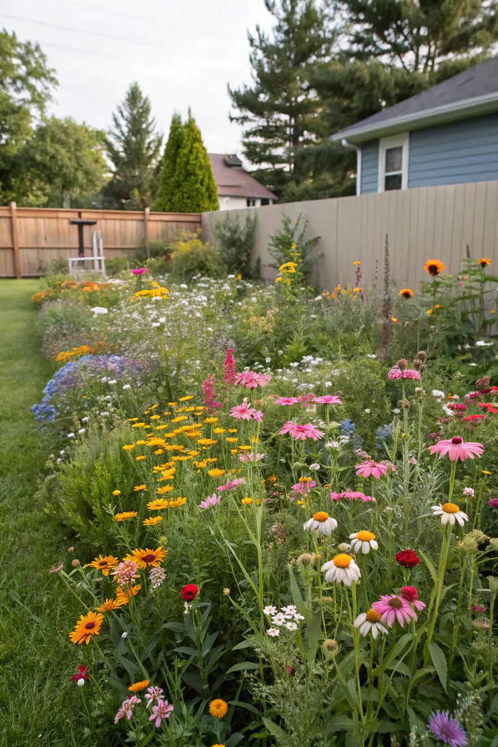 A lively floral landscape attracting butterflies and bees.