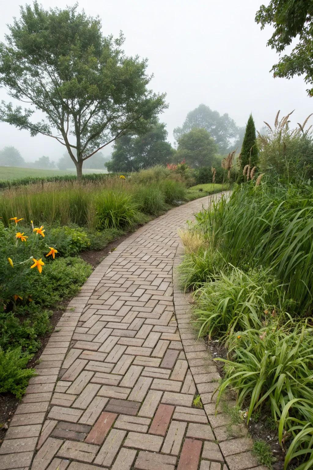 Sophisticated elegance with a herringbone paver design.