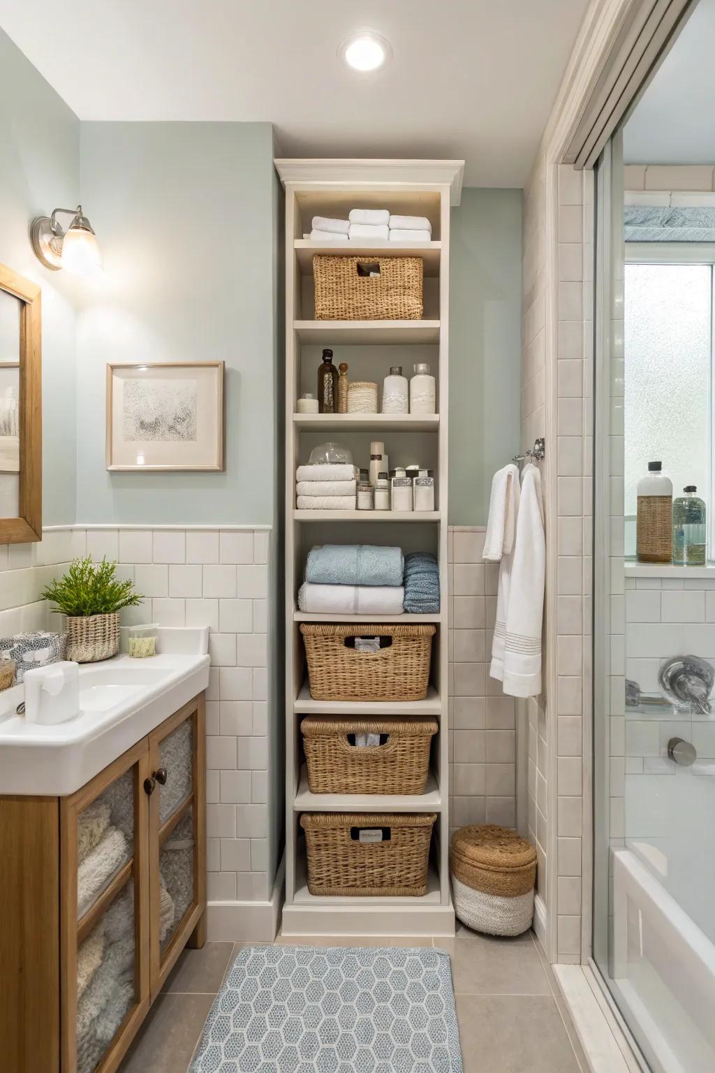Upright storage solutions maximize space without cluttering the floor.