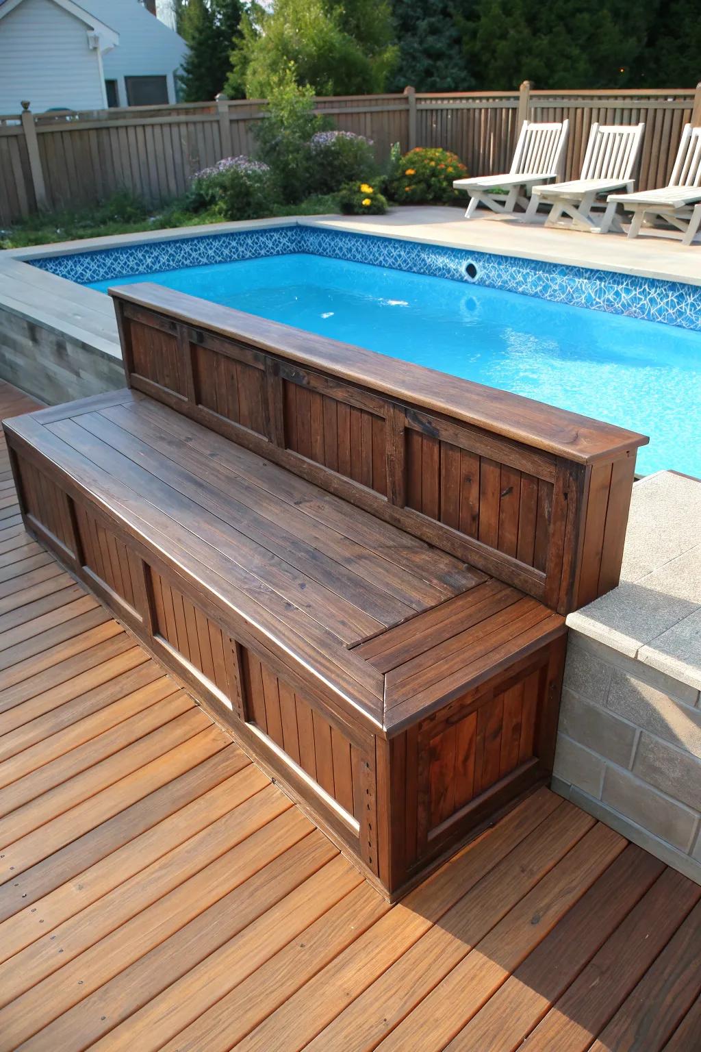 Amplify your poolside with elegant integrated seating—where skillful design meets utility.