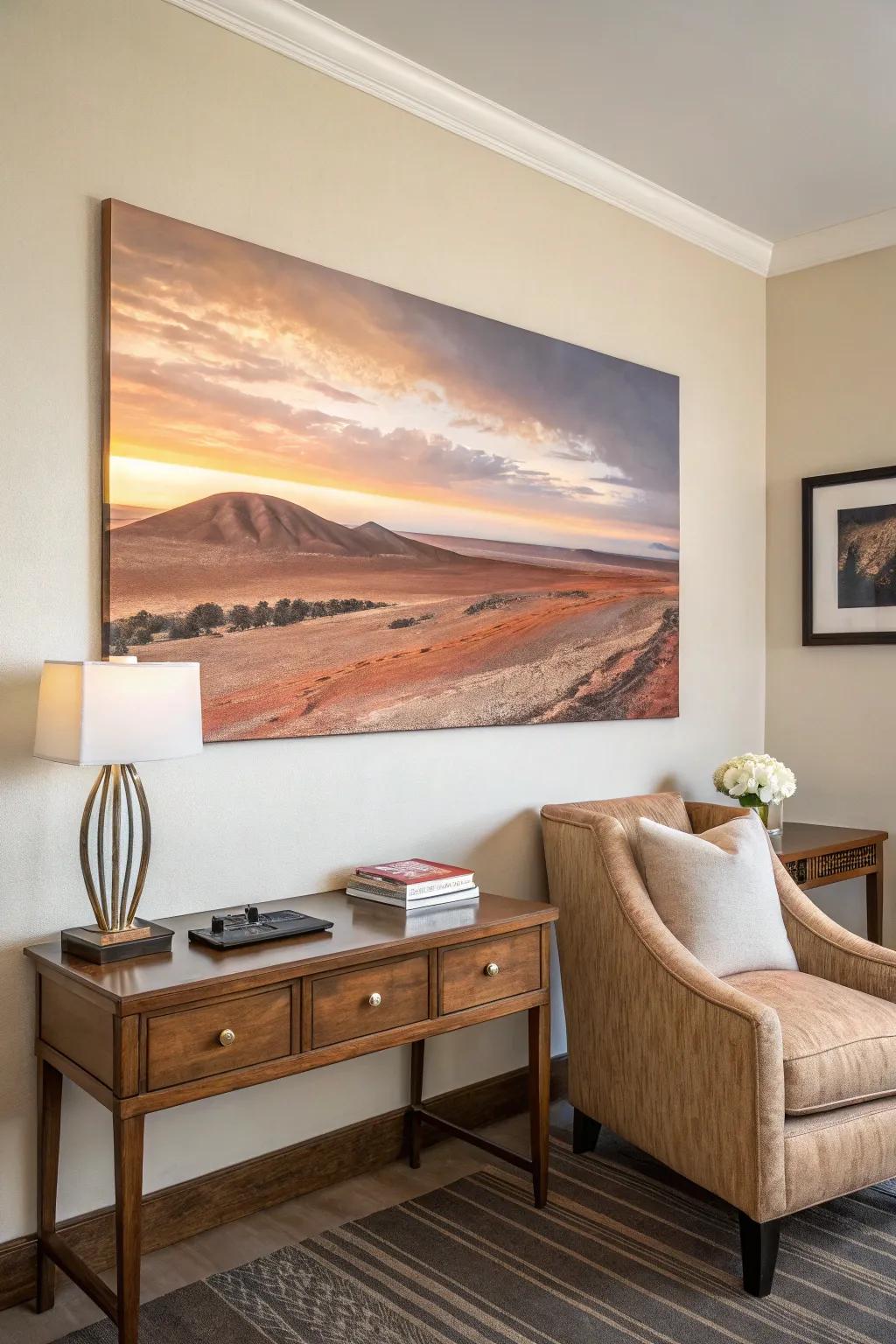 Desert skyline artwork bringing warmth and serenity to the space