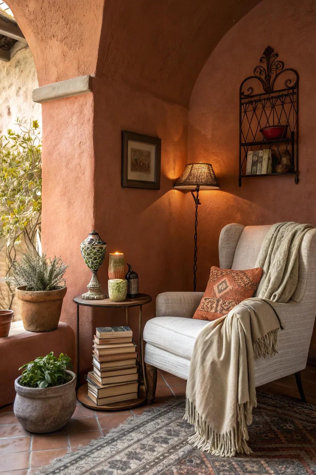 A cozy reading nook featuring a warm earthy accent wall.