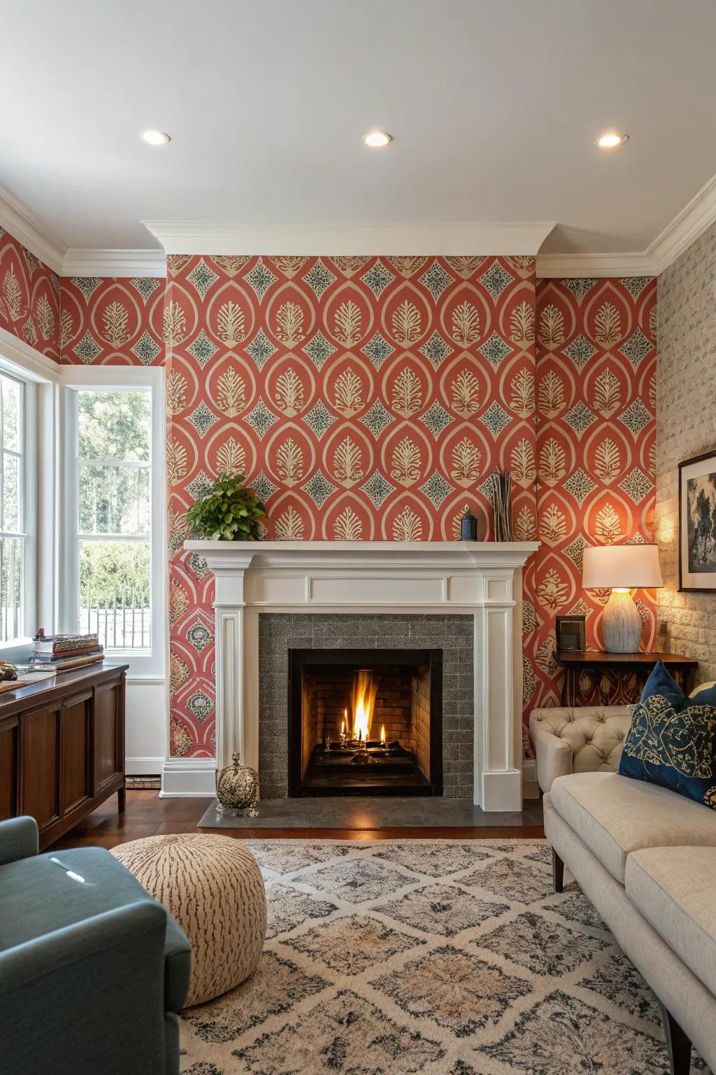 Striking wallpaper converts a fireplace wall into a visual showpiece.