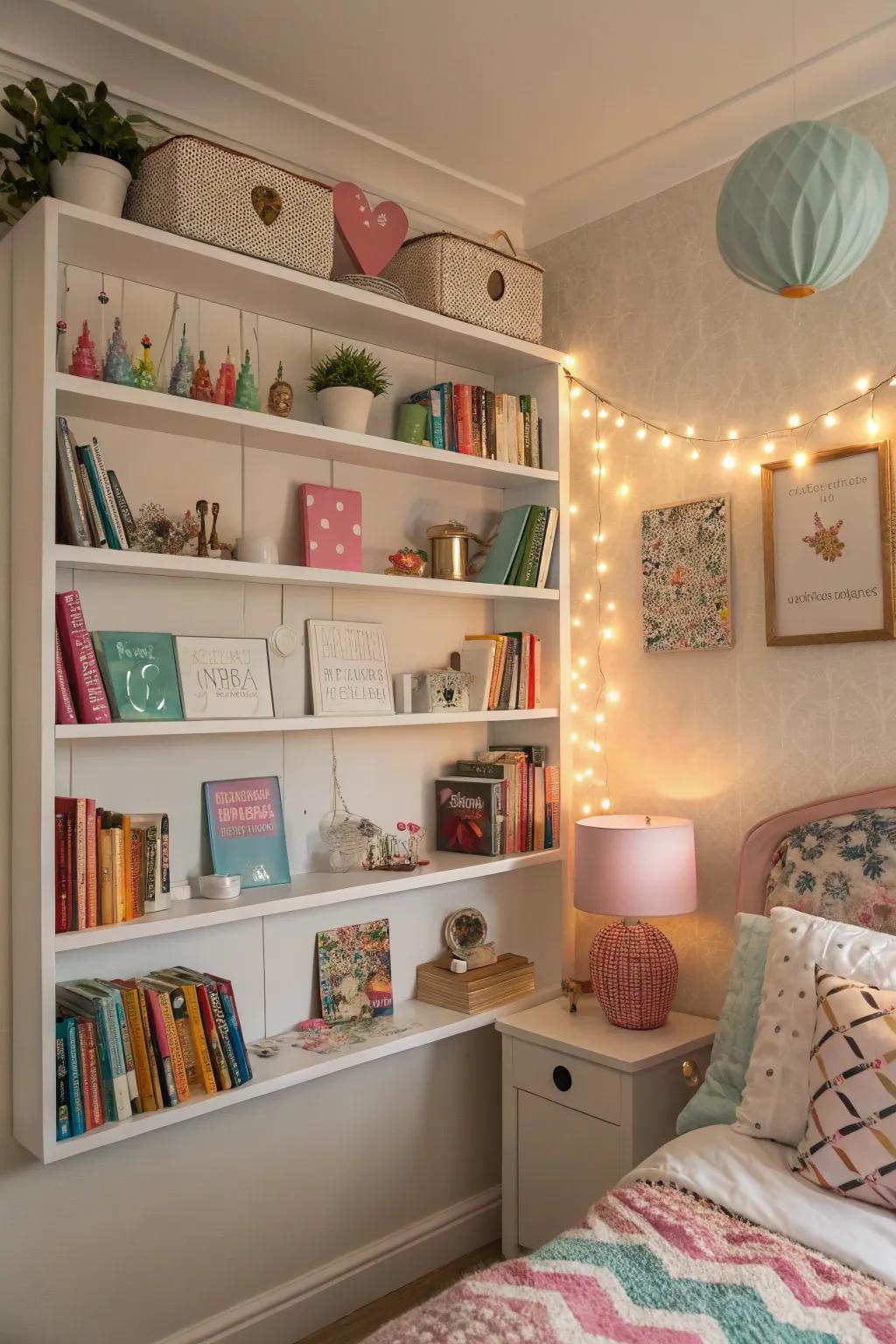 Shelving harmonizes style with practical storage solutions.