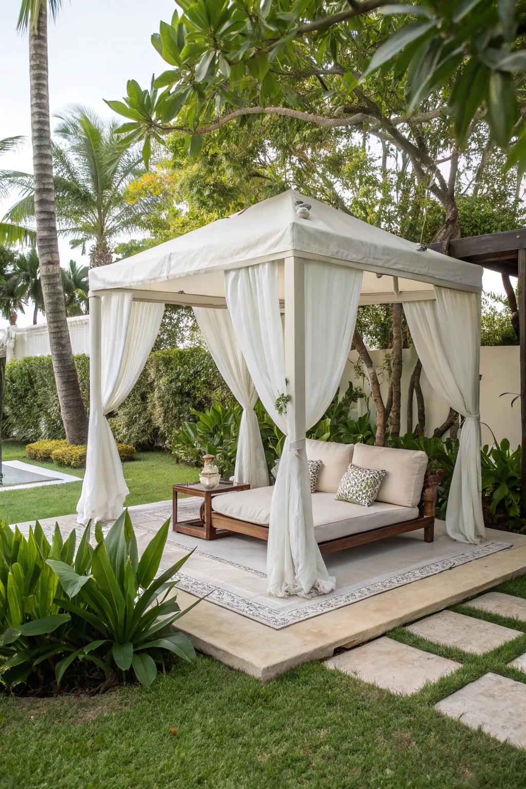 A comfortable pale canopy relaxation zone for laid-back socializing.
