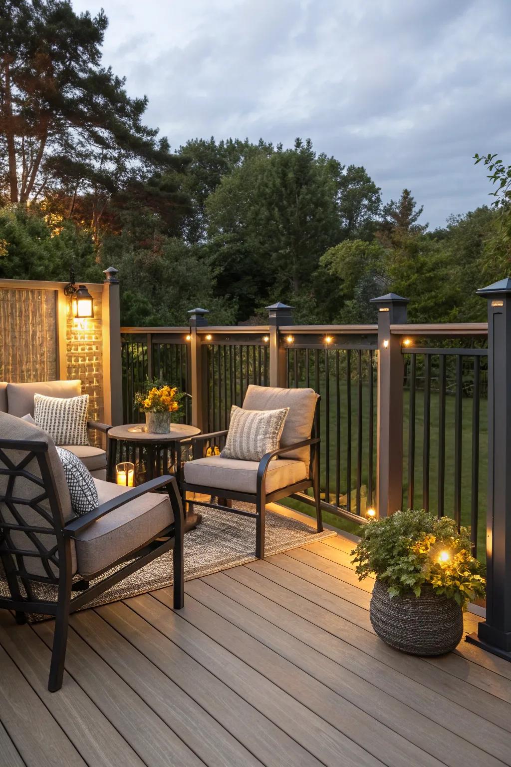 Stylish aluminum railings providing privacy in a cozy nook.
