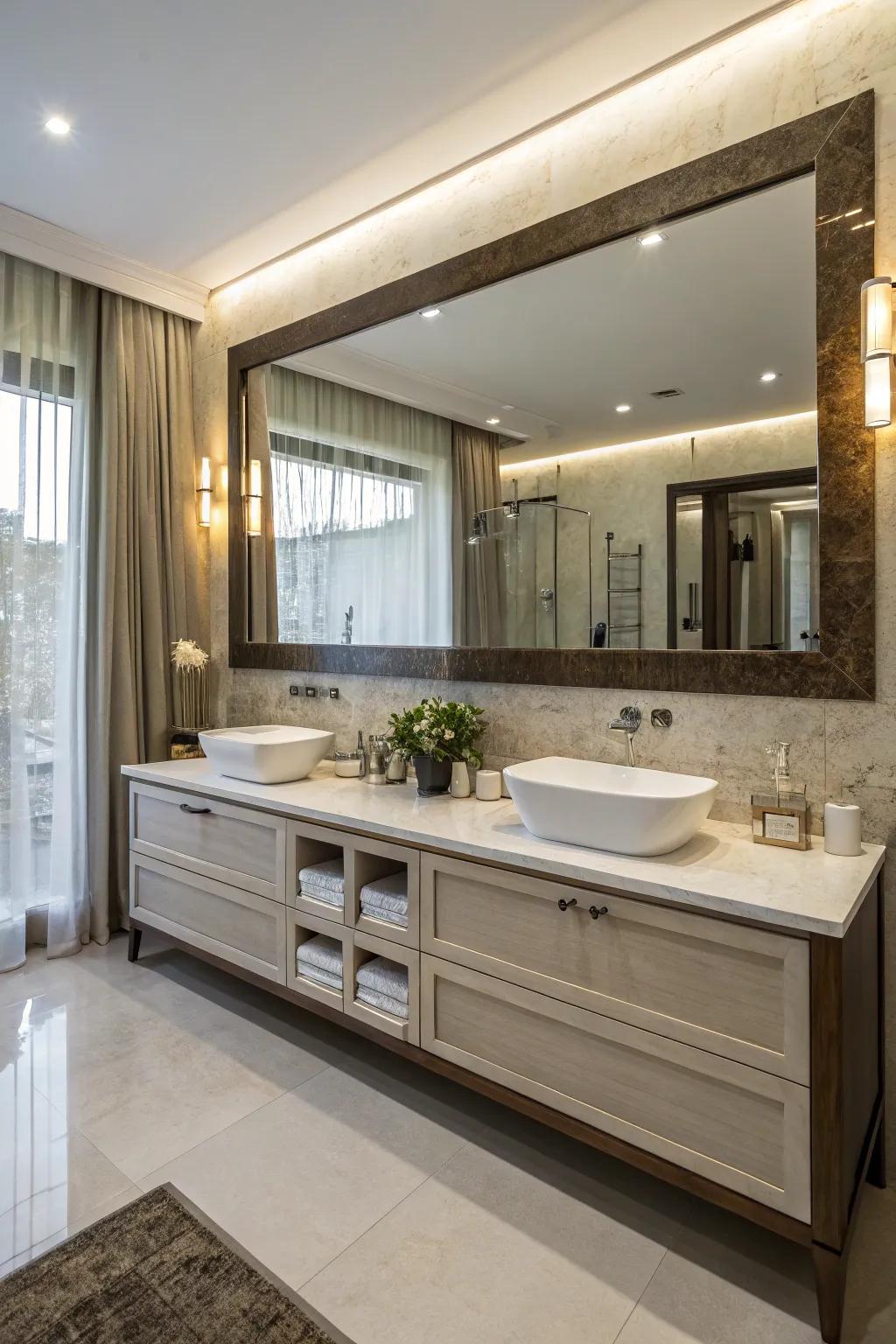 Double sinks bring style and function to shared bathrooms.
