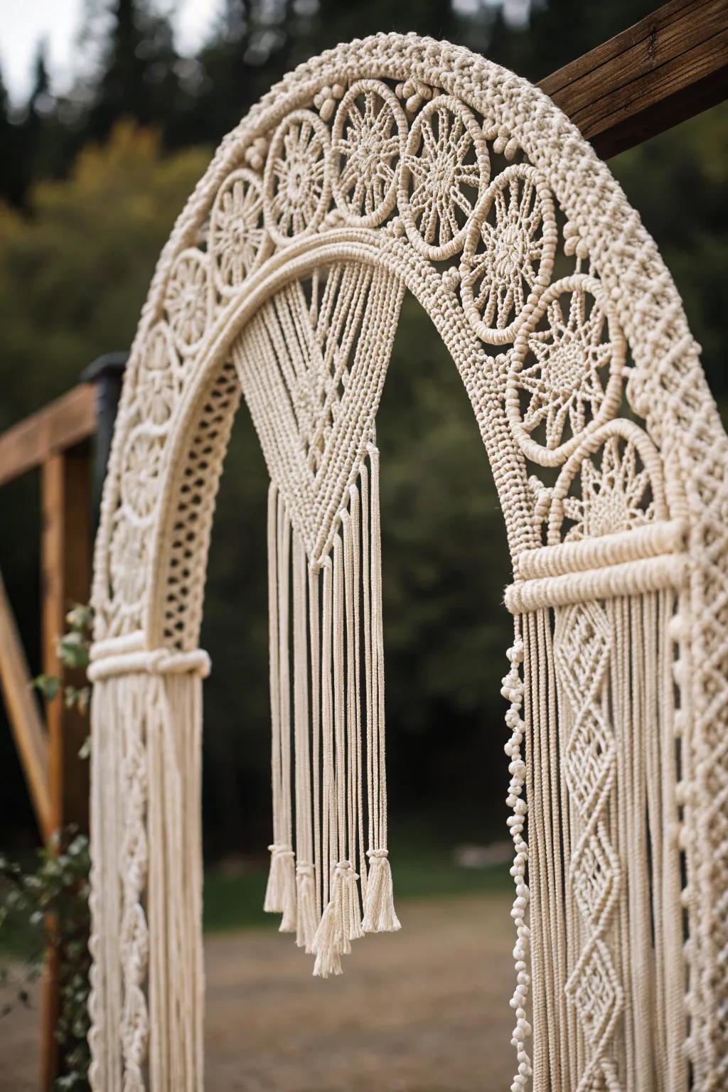 A bohemian arch featuring detailed macramé suspensions for added texture.
