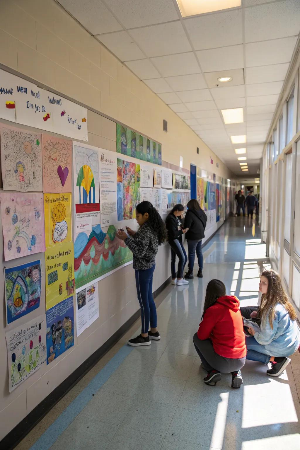 A collaborative mural project on a display board in a school hallway.