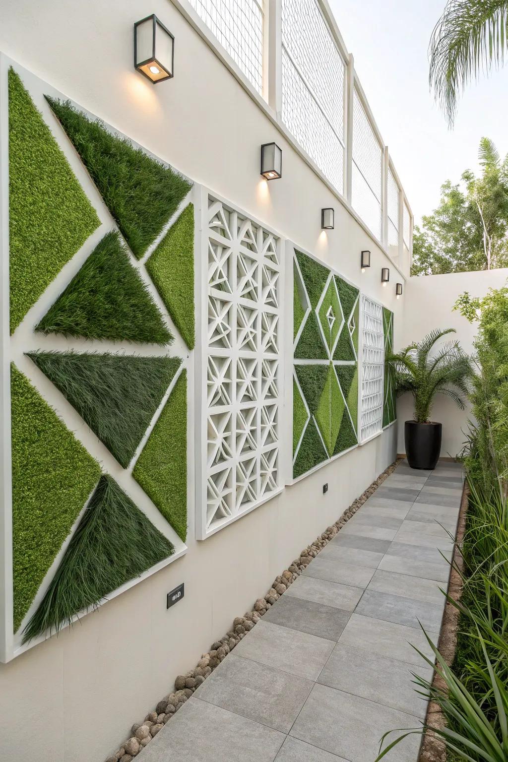 A wall showing artistic geometric panels of fabricated grass for a special touch.