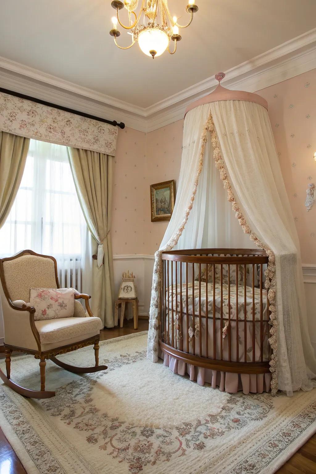A drape over the crib adds beauty and defines the baby area as a cozy space.