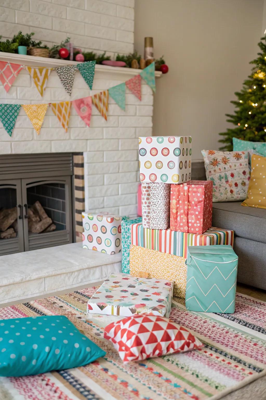 Impart unique patterns with a wrapping paper backdrop.