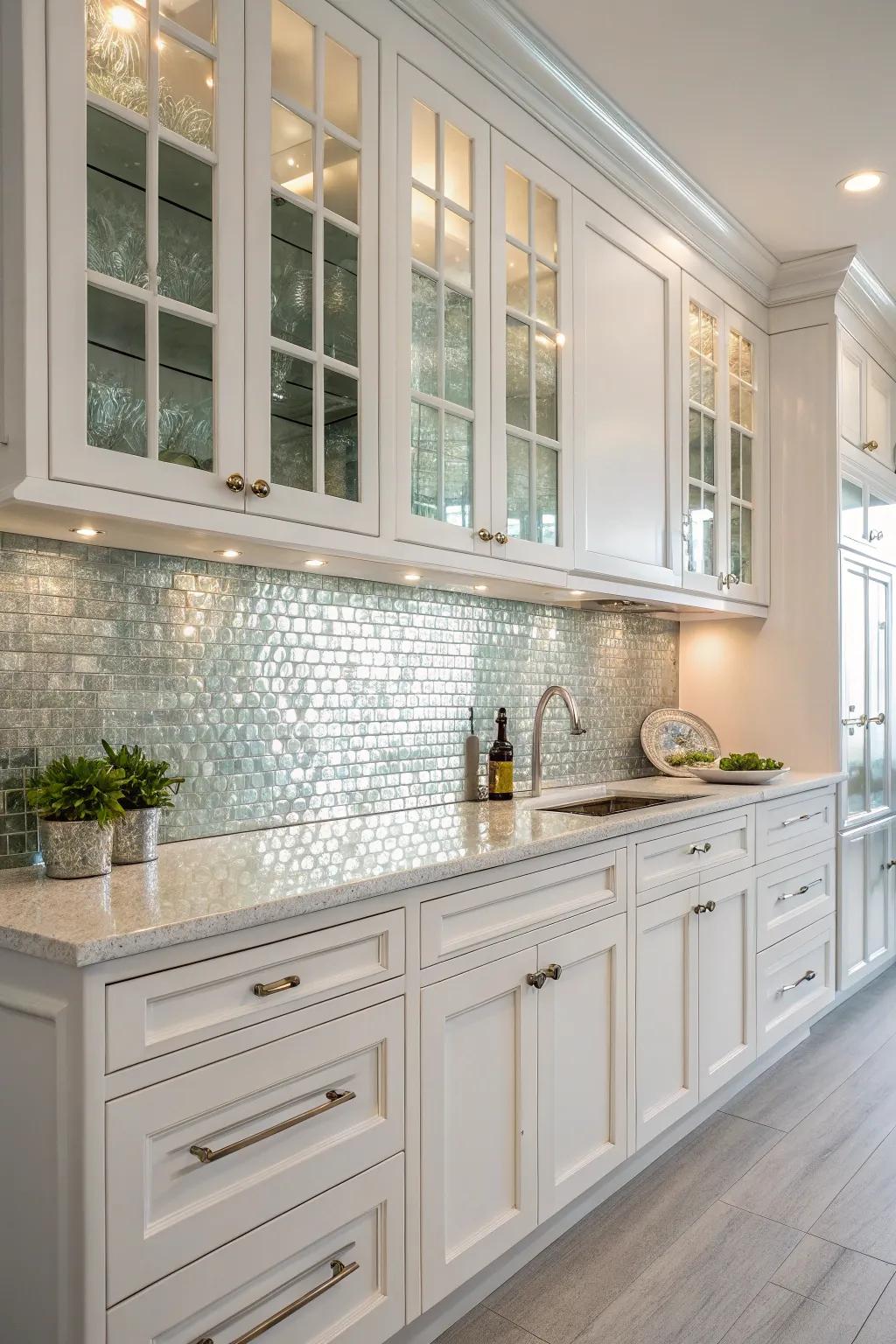 Glass tiles enhance a sleek and shiny accent