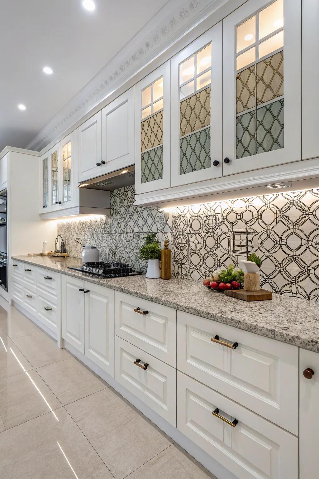 Geometric patterns establish a daring and chic assertion within the cooking area.