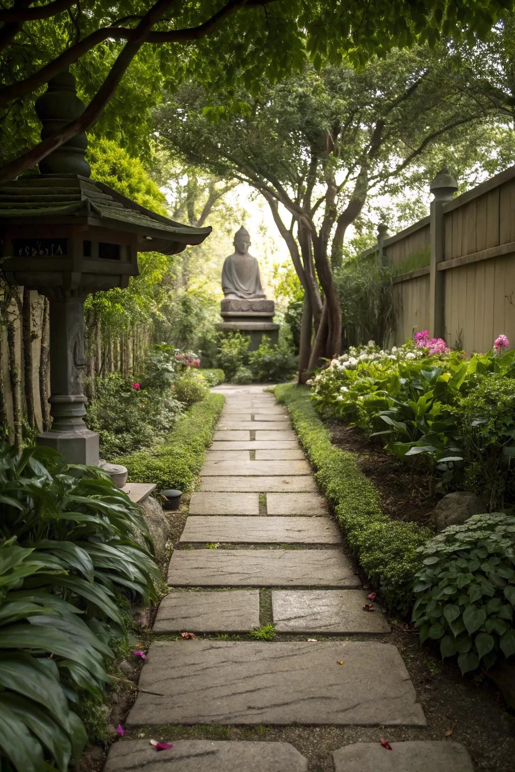 A path of stones encourages thoughtful walking and contemplation.