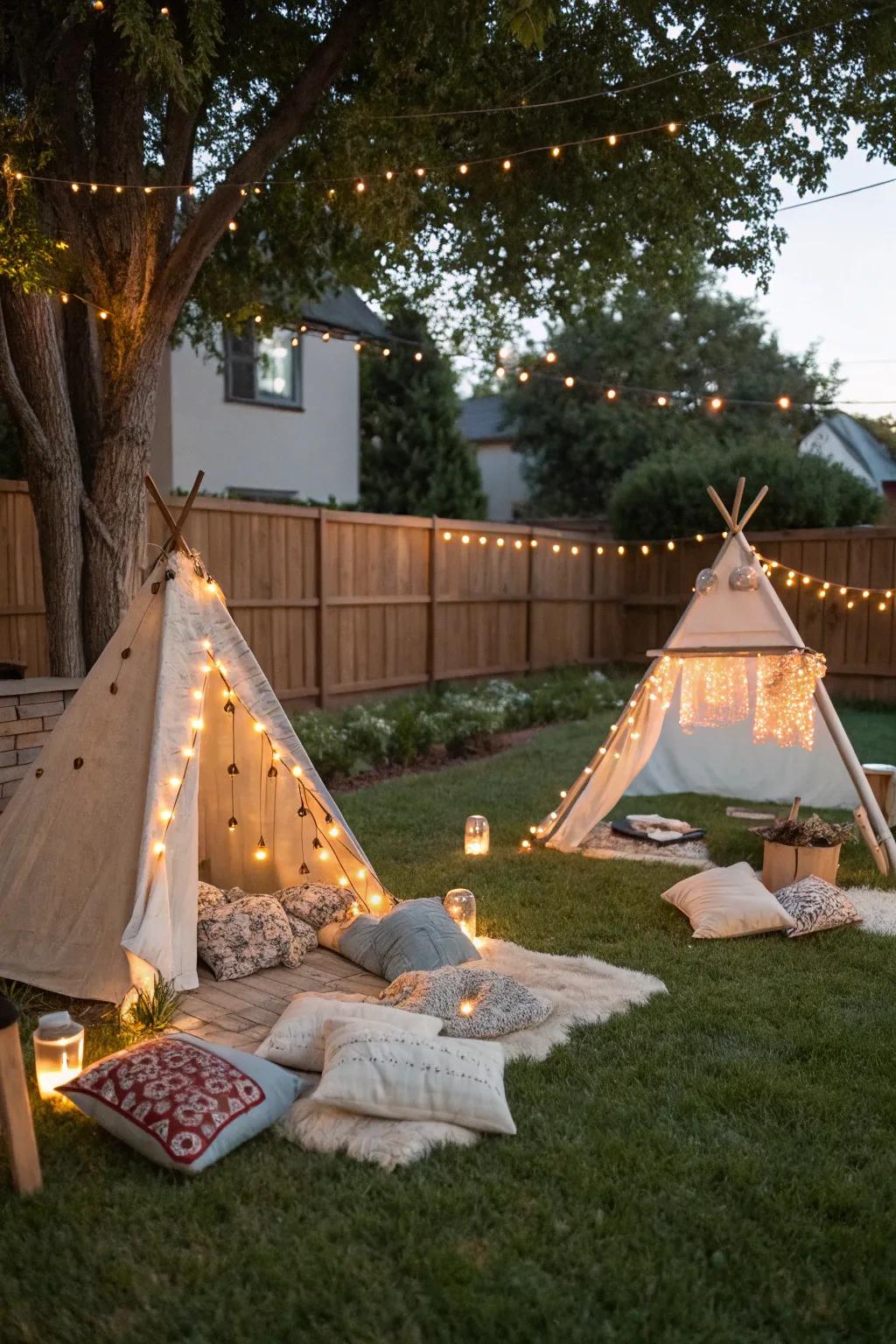 Teepee tents create a cozy and magical atmosphere for movie watching.