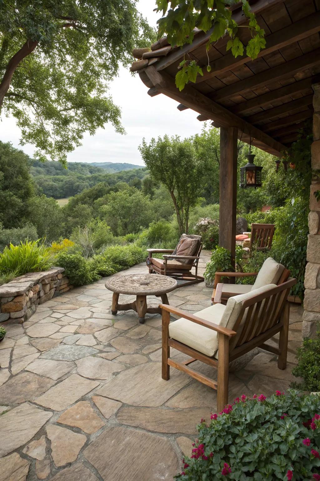 Country flagstone flooring introduces natural beauty and individuality to patios.
