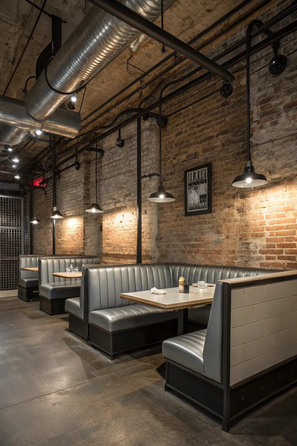 An industrial-style dining area includes metal-accented banquette seating.