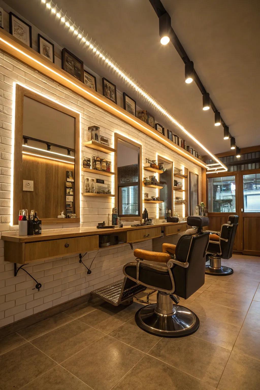 Refined LED strip lighting contributing modern sophistication to a barbershop.