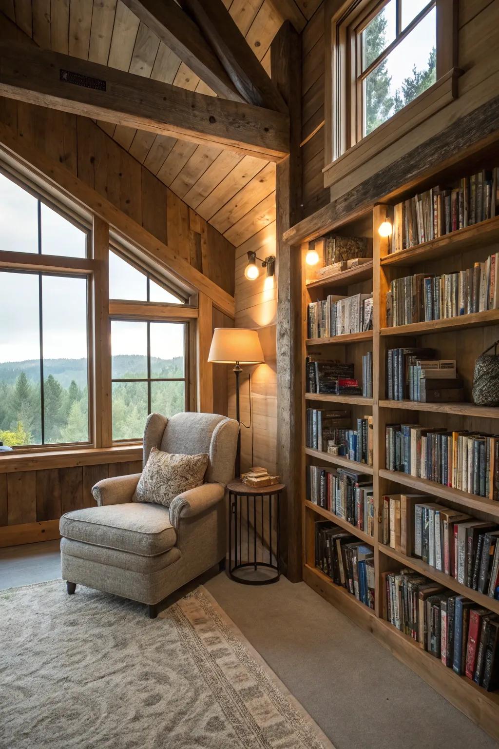 This barndominium features a charming high-up space that serves as a cozy reading space.