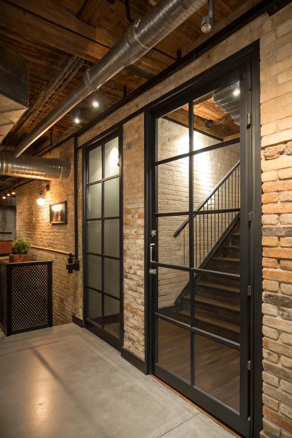 An industrial-style door brings a modern edge to the basement entry.