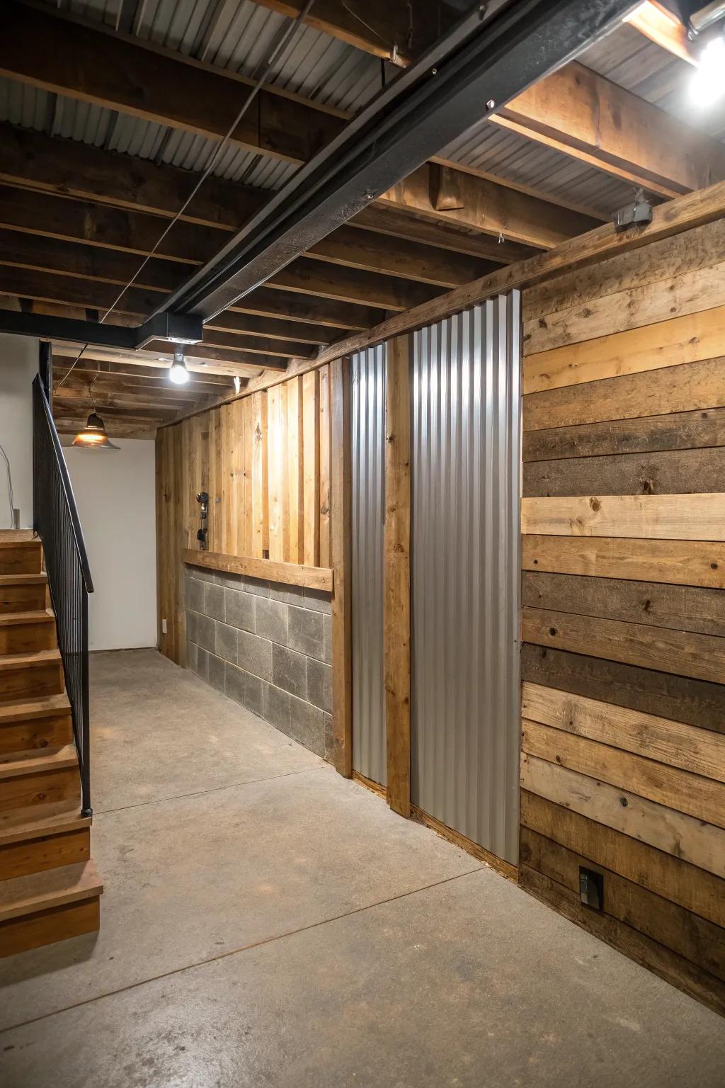 Basement spaces can have a distinctive and industrial aesthetic by combining materials.