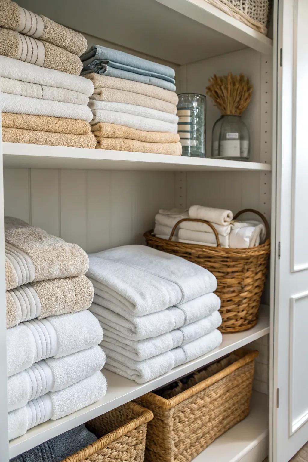 A linen closet adds a spa-like feel.
