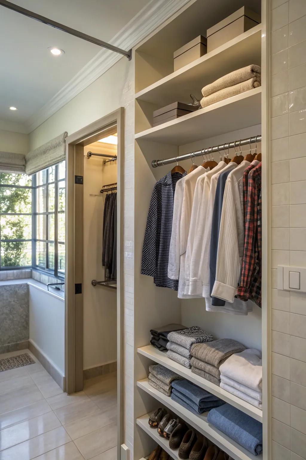 A cleverly installed bar for hanging clothes beneath shelves.