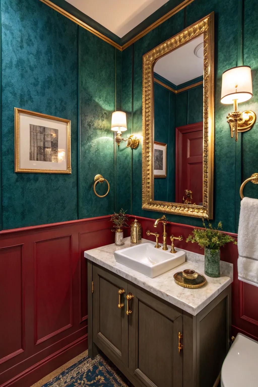 Lush jewel tones contribute luxury and warmth to your restroom.