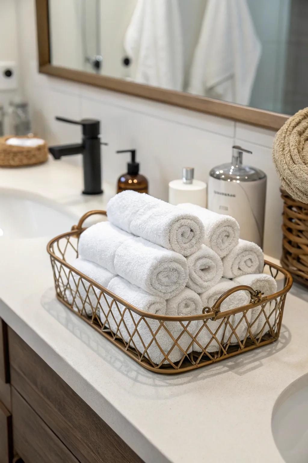 Add warmth and texture to your bathroom counter with textiles.