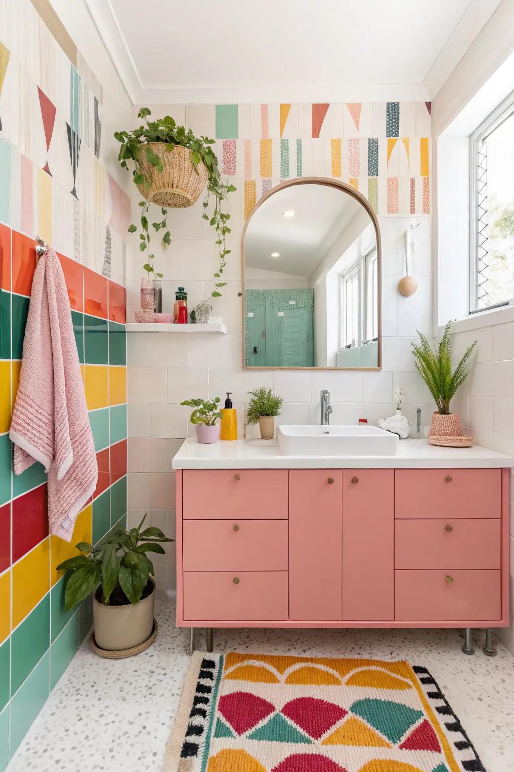 A bathroom with a burst of color that adds vibrancy and personality.