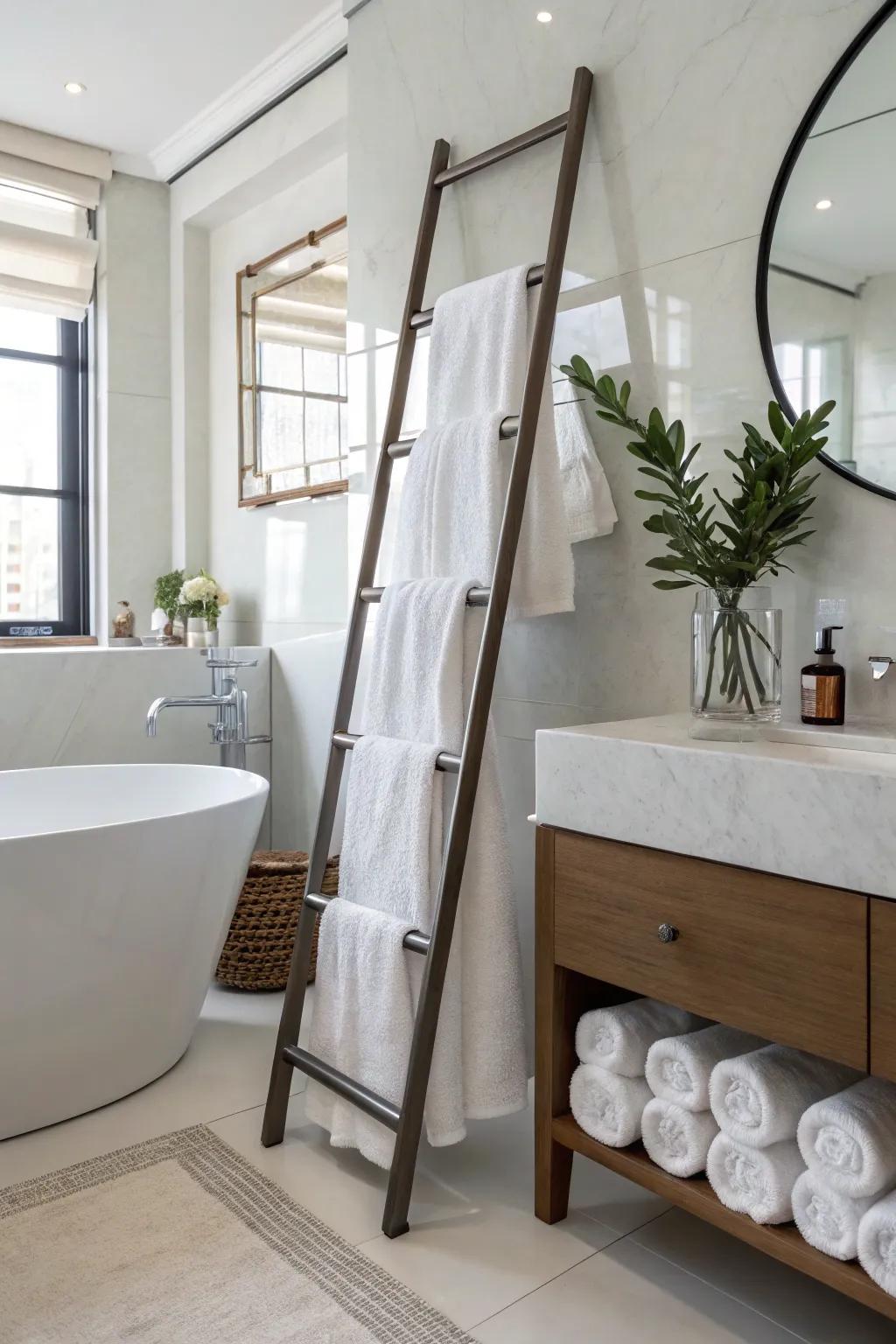 Add a modern element by using a ladder to save space.