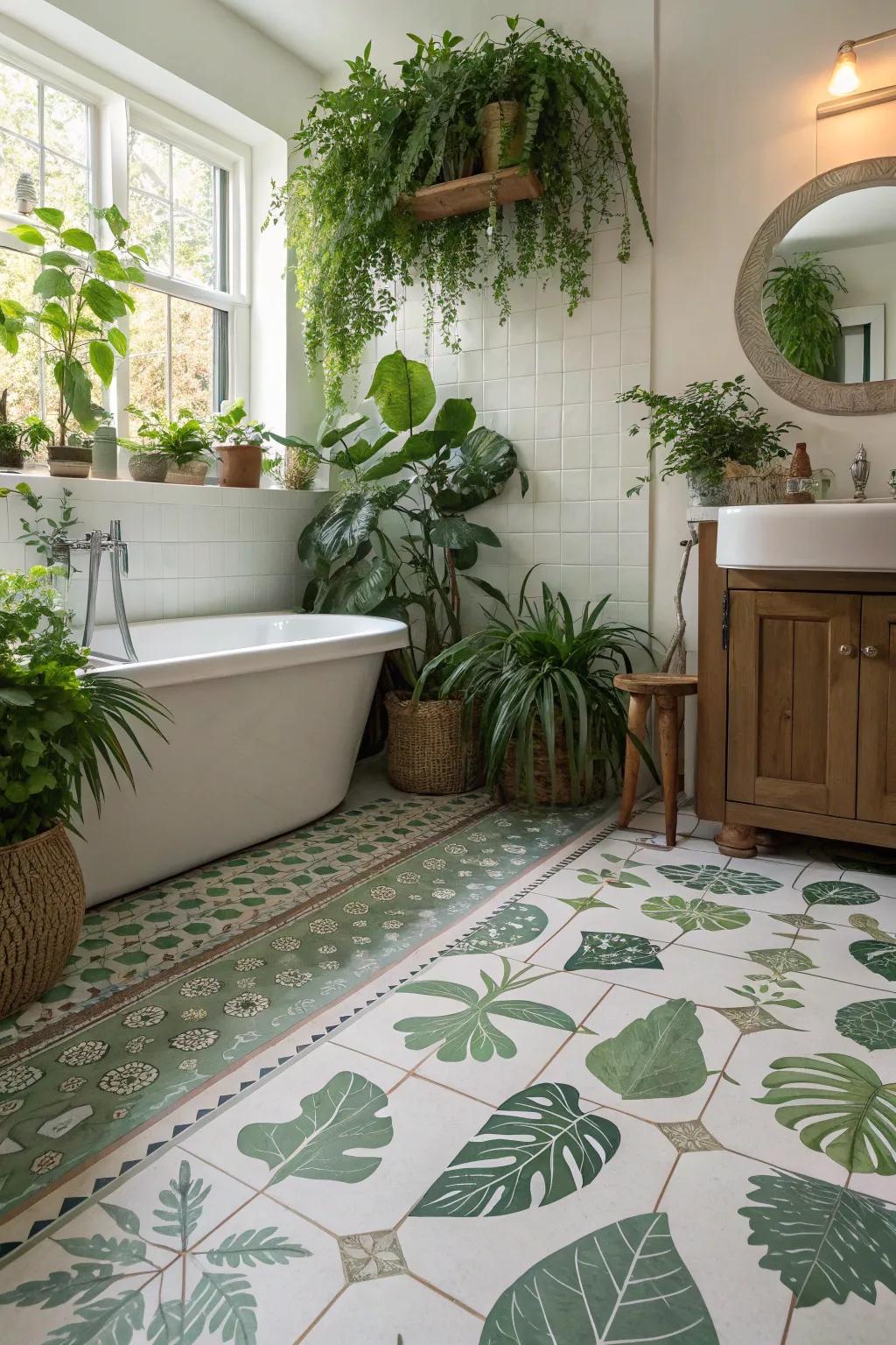 Nature-inspired floor covering creates a serene and calming bathroom environment.