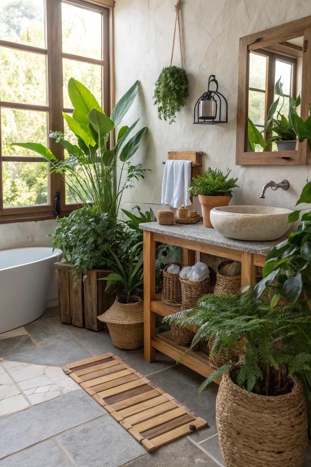 Vegetation contributes vibrancy and freshness to restroom walls.
