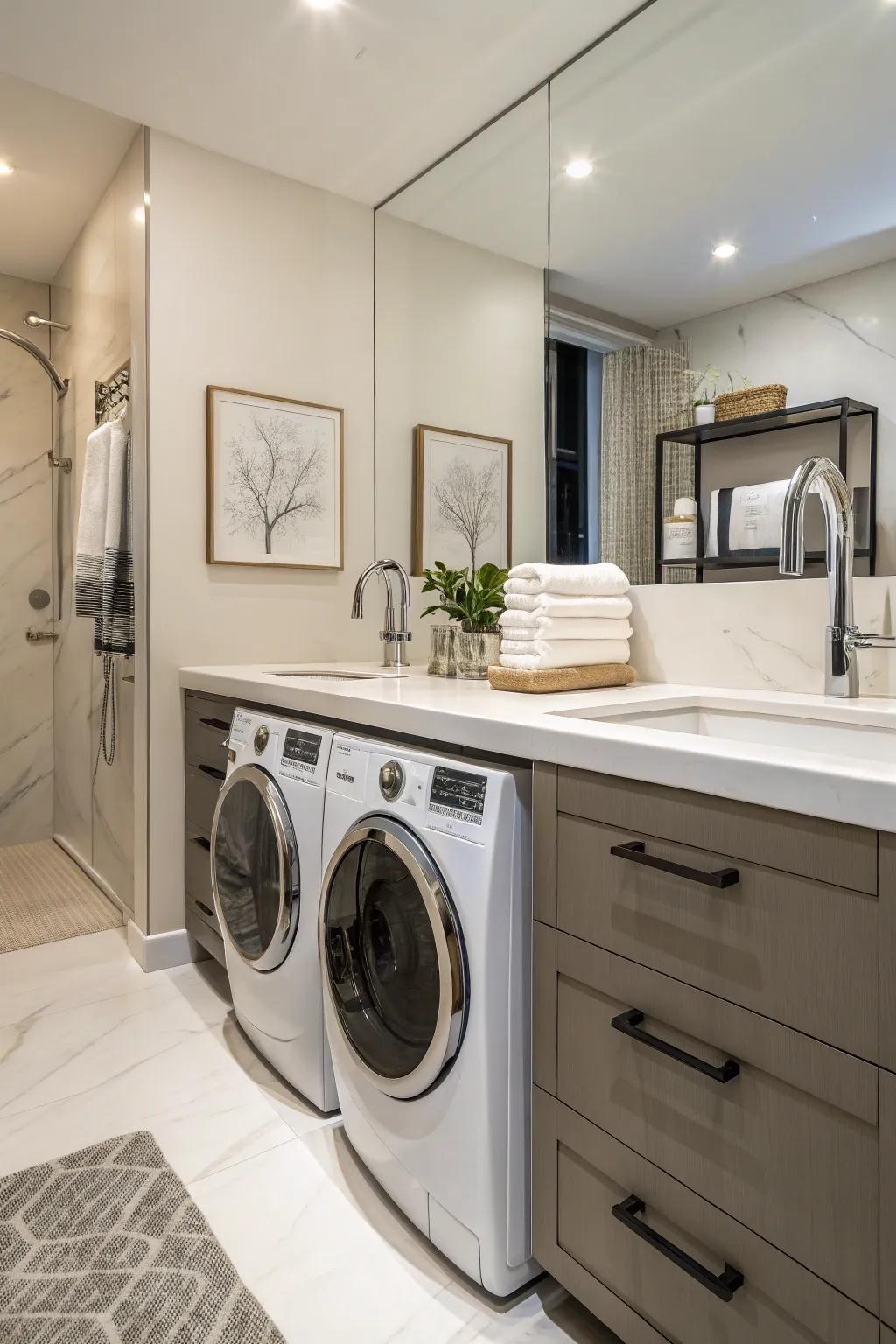 Stylish fixtures enhance the laundry area with a touch of elegance.