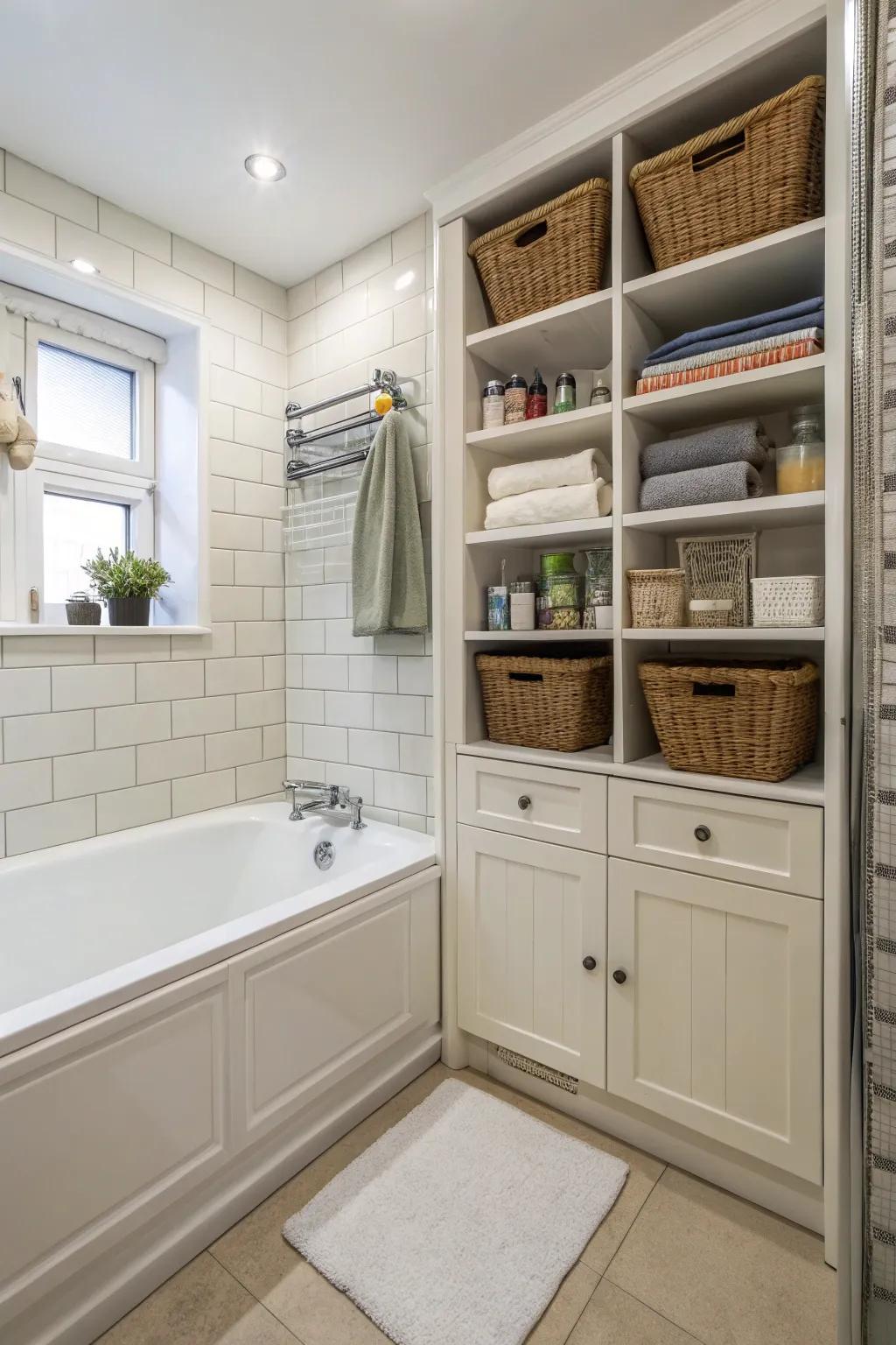 A compact layout featuring built-in storage maximizes space surrounding the bathtub.