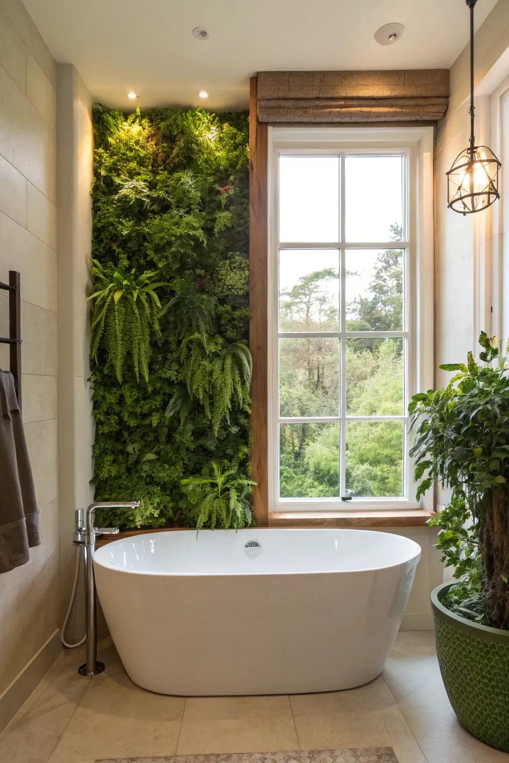 A living vertical garden wall injects a lively element into the bathroom.