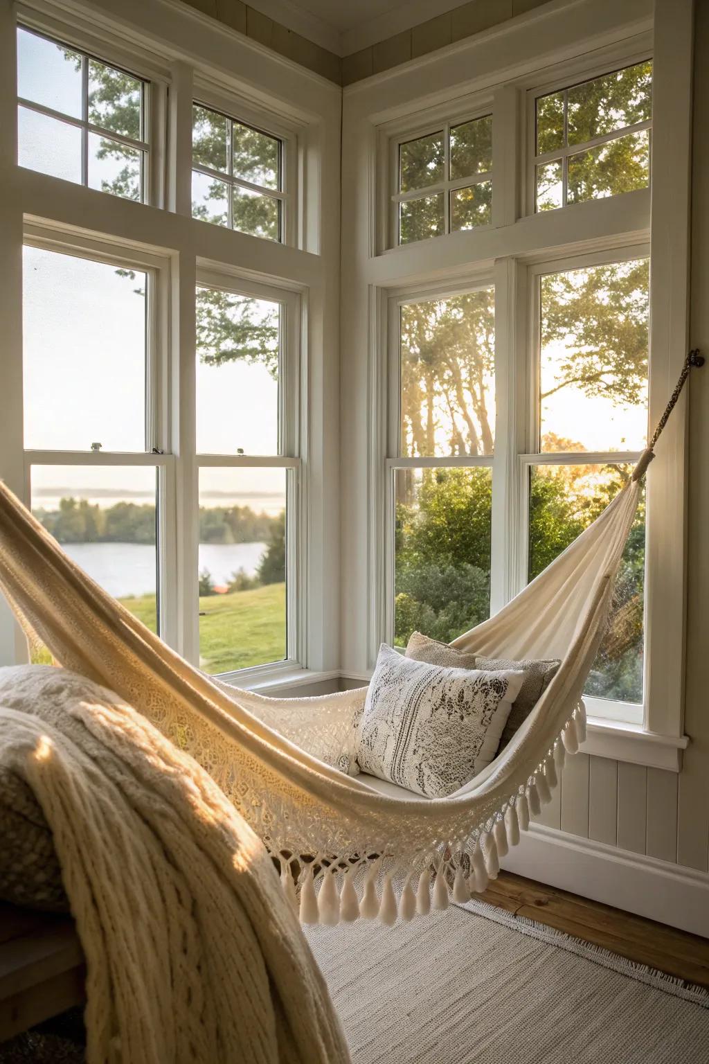 A swing introduces a playful and tranquil ambiance to your bay window area.