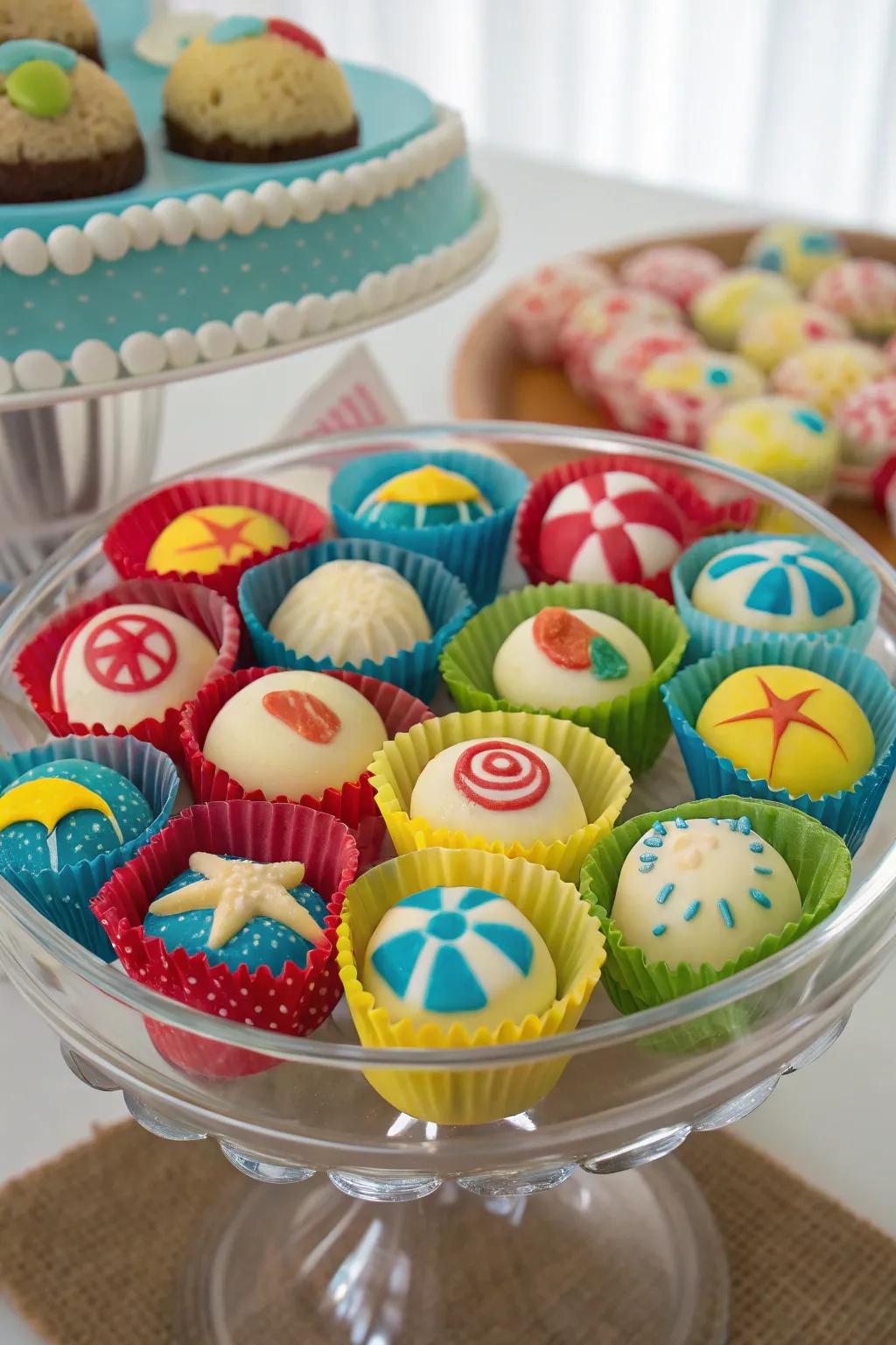 Seaside themed confections present a sweet reminder of your coastal festivity.